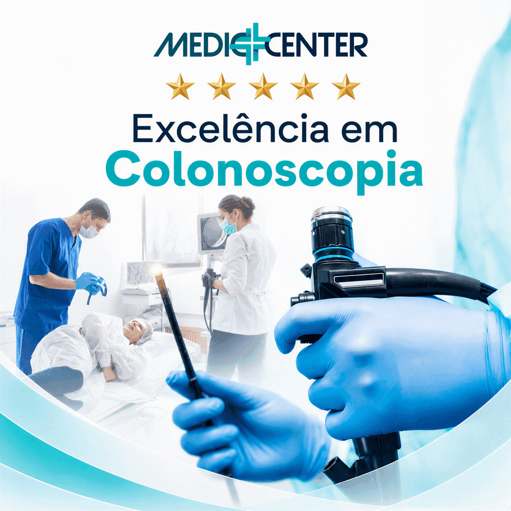 Equipe realizando colonoscopia com endoscópio, em sala de exame da Mediccenter