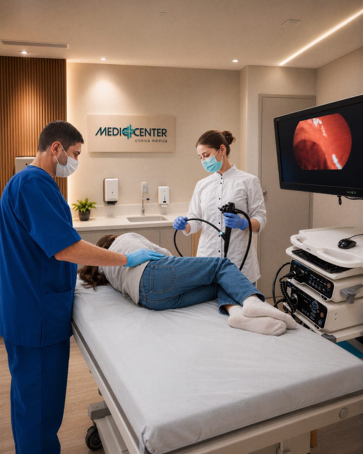 Equipe realizando colonoscopia na Mediccenter